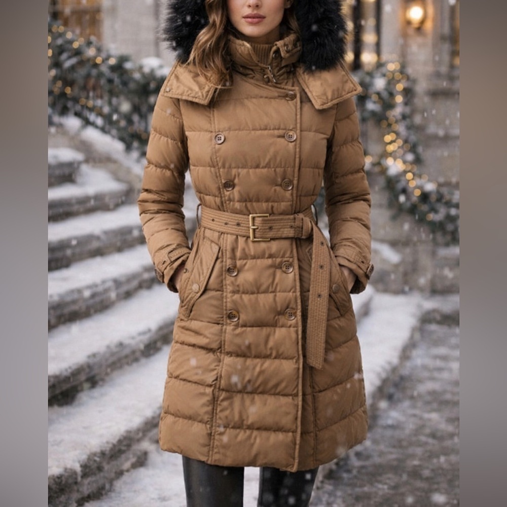 BURBERRY BRIT | Allerdale‎ Tan Down Belted Puffer Coat Real Fox Fur Hood Trim XS